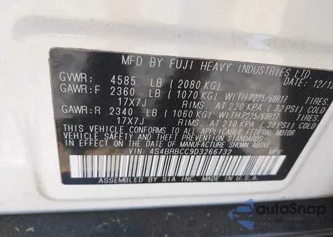 2013 Subaru Outback 2.5I Premium z USA, uszkodzony, nr VIN 4S4BRBCC9D3266732